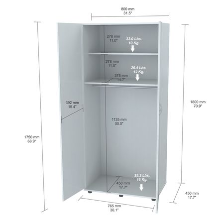 INVAL Armoire/Wardrobe 30.1 in W x 17.7 in D x 70.9 in H in Washed Oak AM-15023